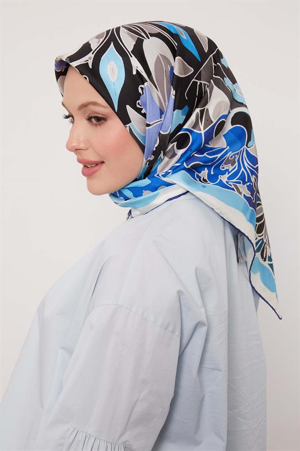 Saks Karışık Çiçek Desen Twill İpek Eşarp