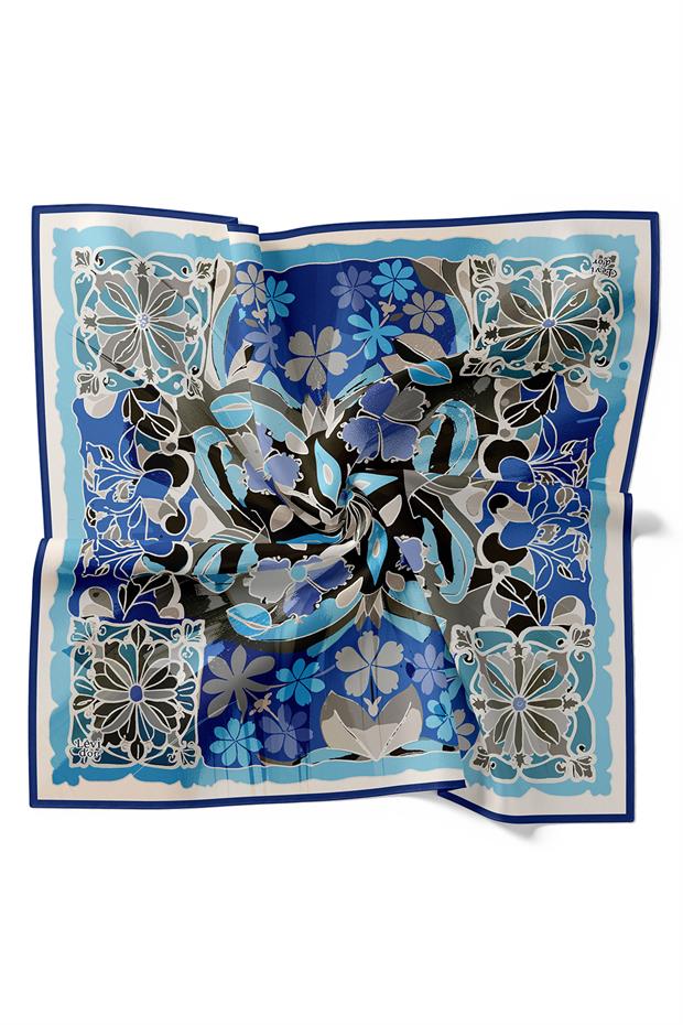 Saks Karışık Çiçek Desen Twill İpek Eşarp