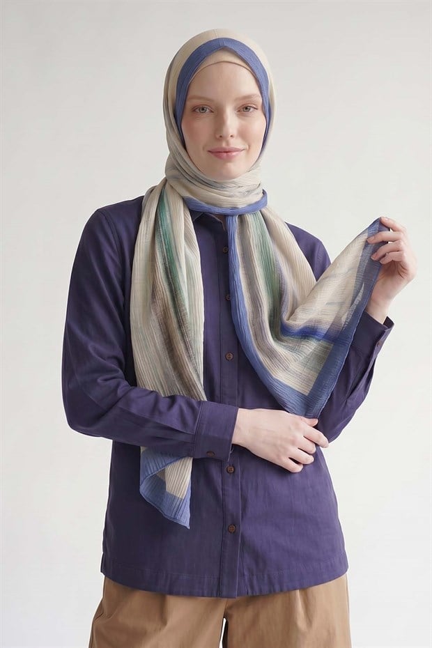 Saks Kenarları Çizgili Müslin Şal