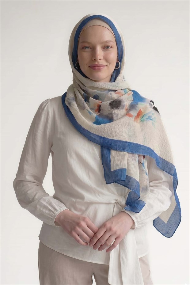 Saks Lale Çiçek Desenli Müslin Şal