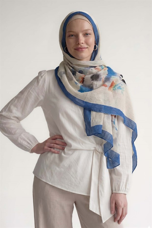 Saks Lale Çiçek Desenli Müslin Şal
