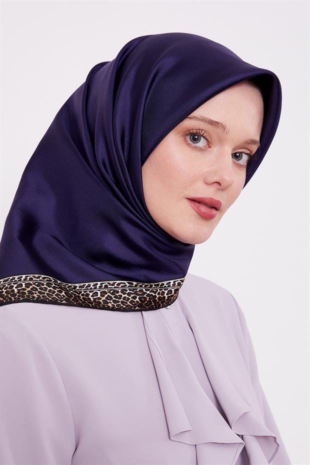 Saks Şerit Leopar Desen Twill İpek Eşarp