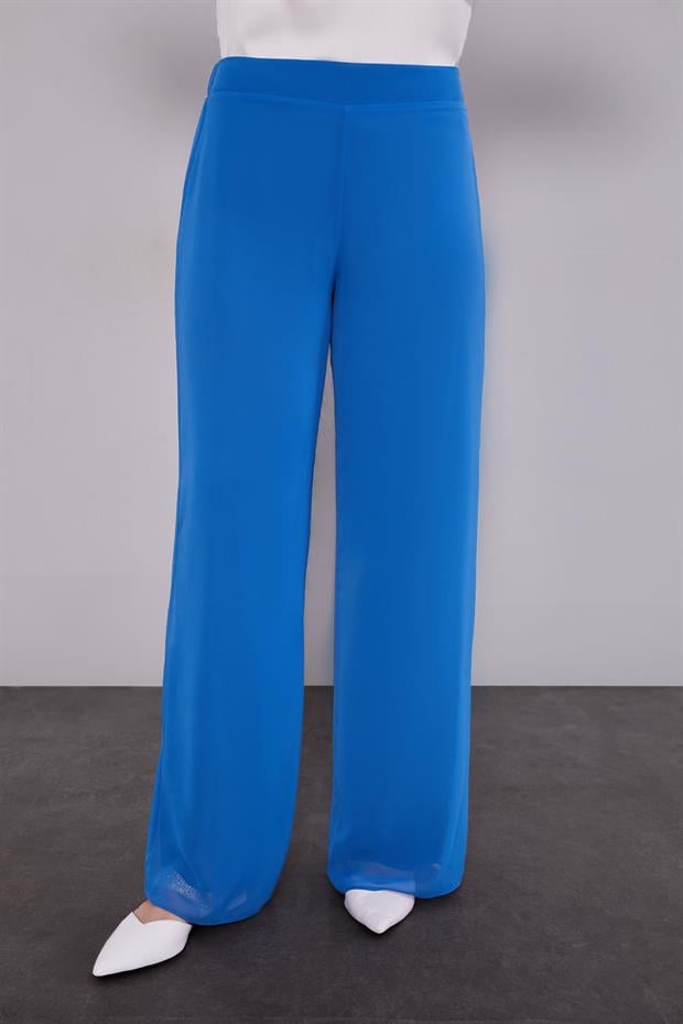 Saks Mavisi Bol Paça Şifon Pantolon