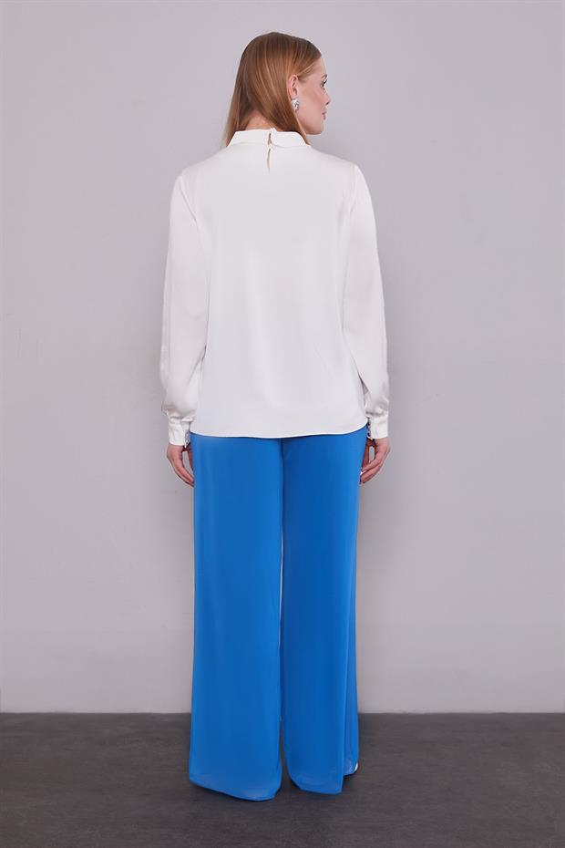 Saks Mavisi Bol Paça Şifon Pantolon