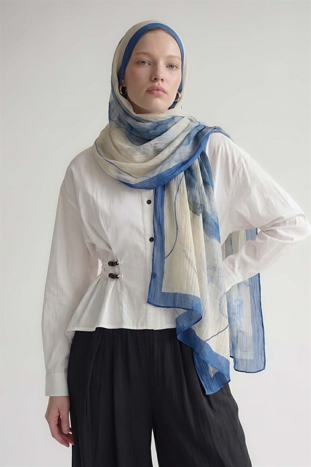 Saks Pastel Boya Desen Müslin Şal