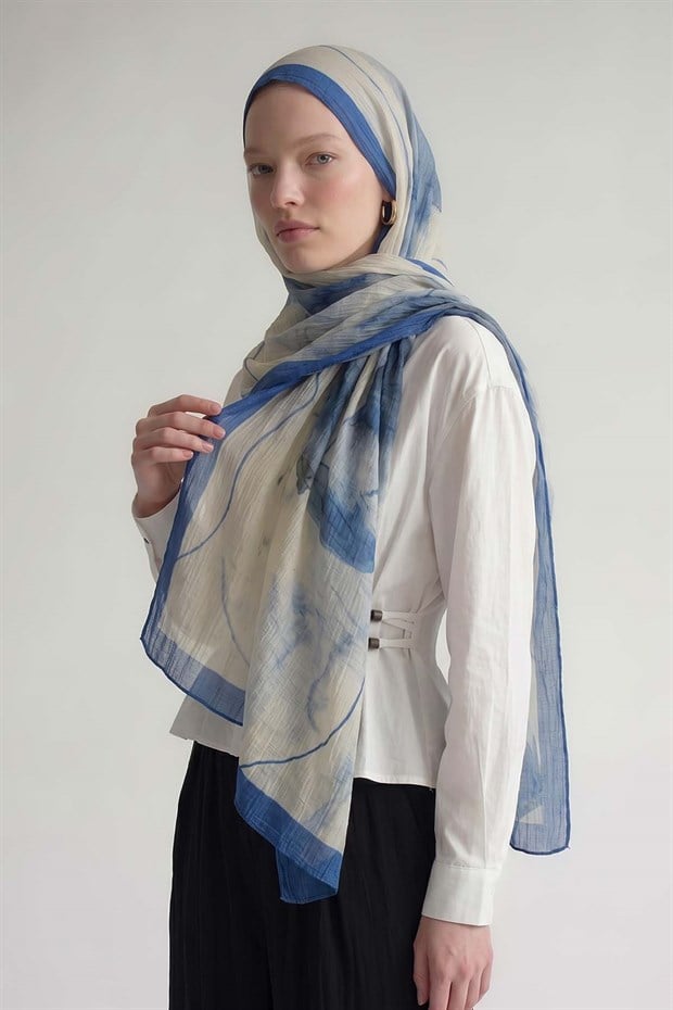 Saks Pastel Boya Desen Müslin Şal