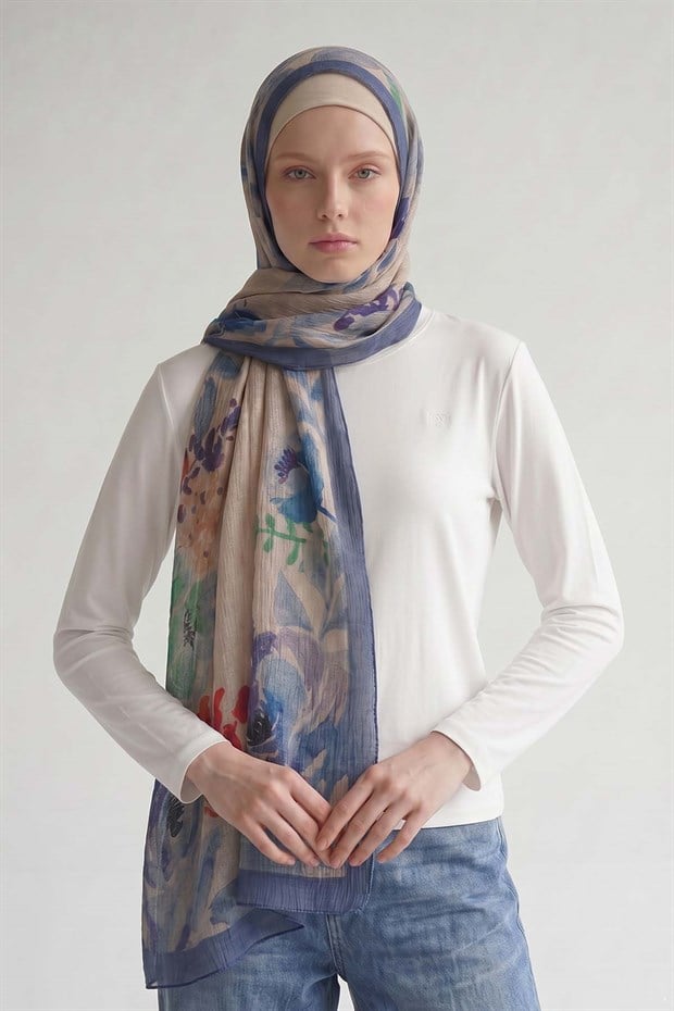 Saks Yaprak Desenli Müslin Şal