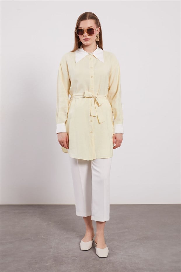 Sarı Bel Kuşaklı Kareli Gömlek