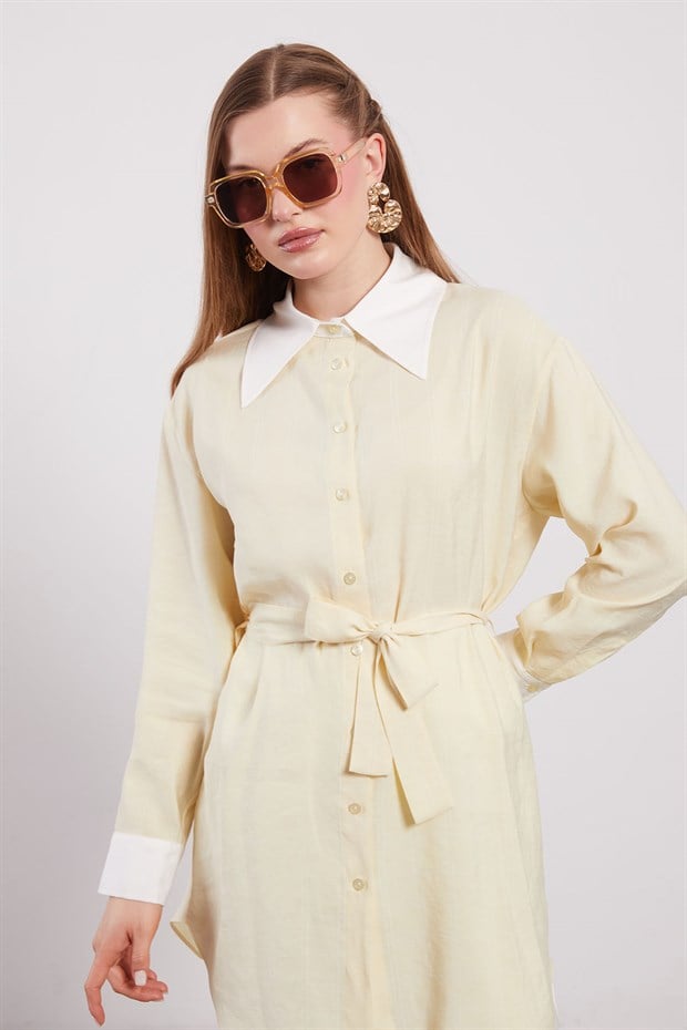 Sarı Bel Kuşaklı Kareli Gömlek