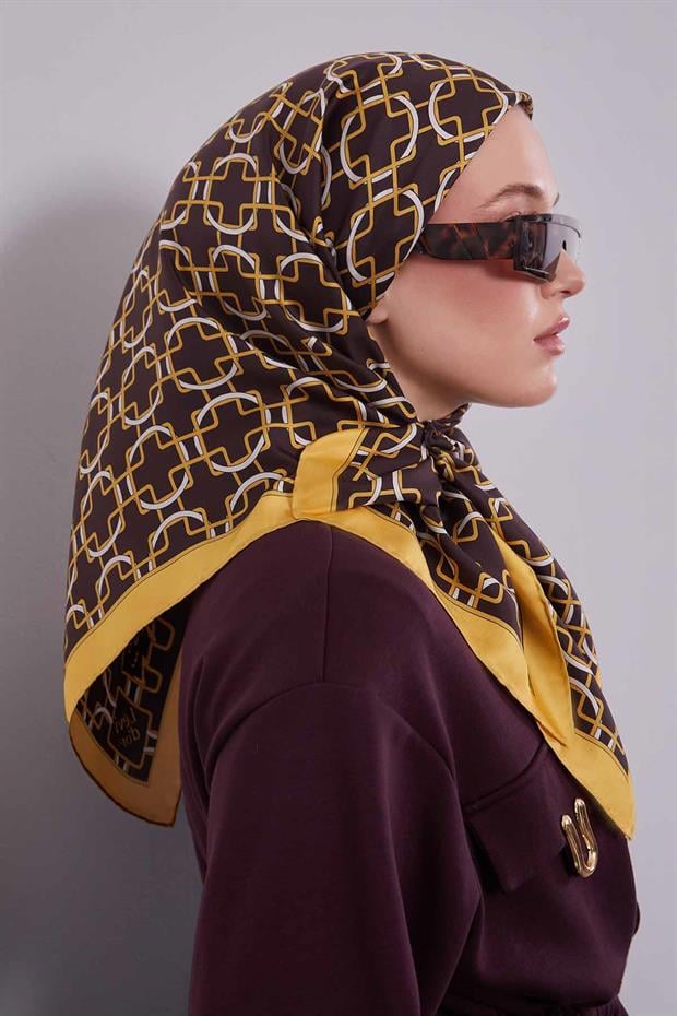 Sarı Eliptik Desen Twill İpek Eşarp