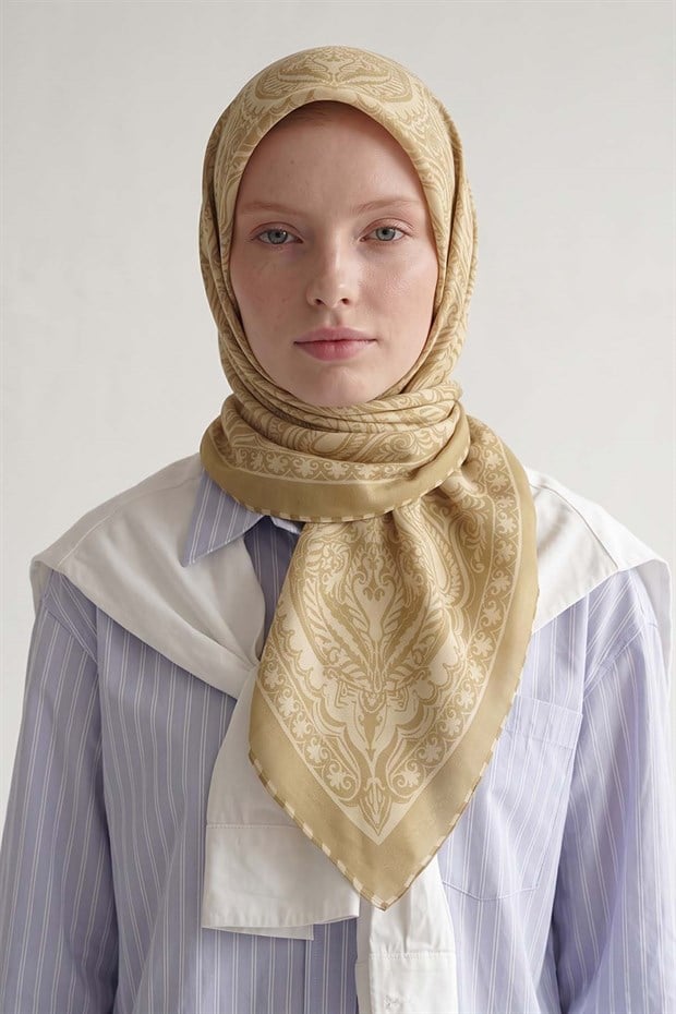 Sarı Etnik Desen Twill İpek Eşarp