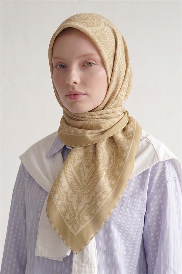 Sarı Etnik Desen Twill İpek Eşarp