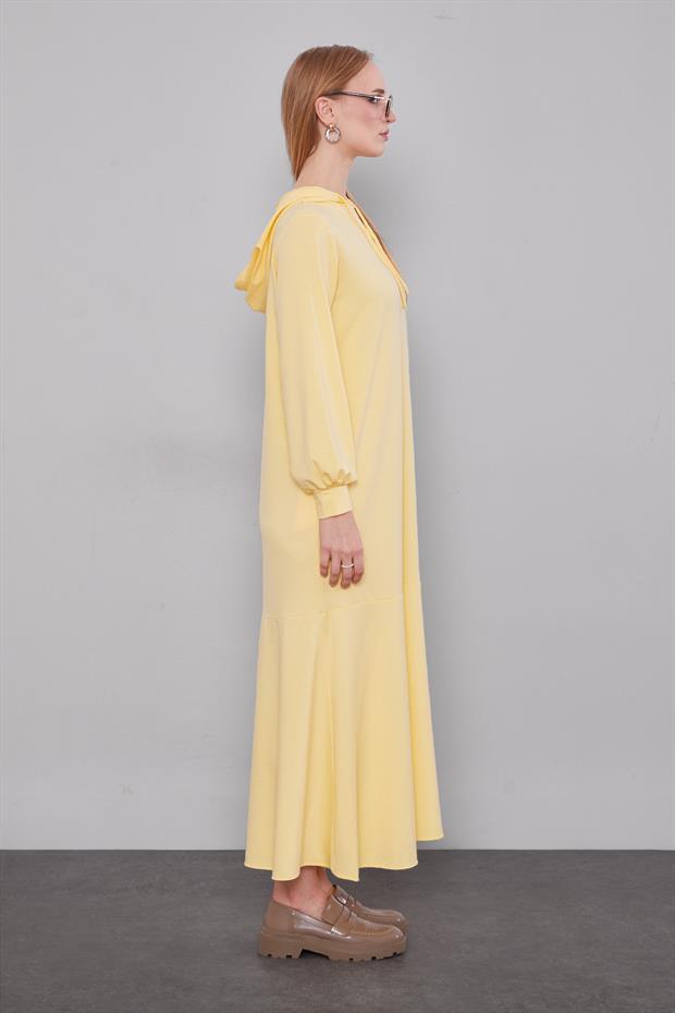 Sarı Kapuşonlu Gizli Cep Detaylı Elbise