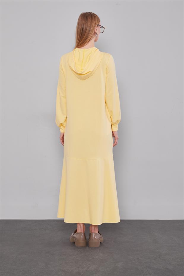 Sarı Kapuşonlu Gizli Cep Detaylı Elbise