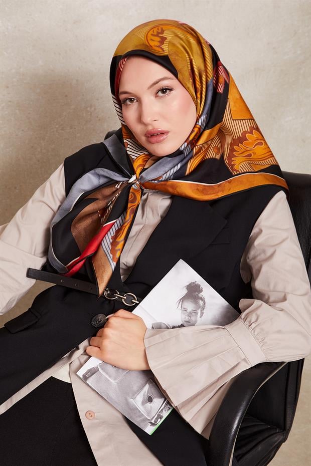 Sarı Karışık Desen Twill İpek Eşarp