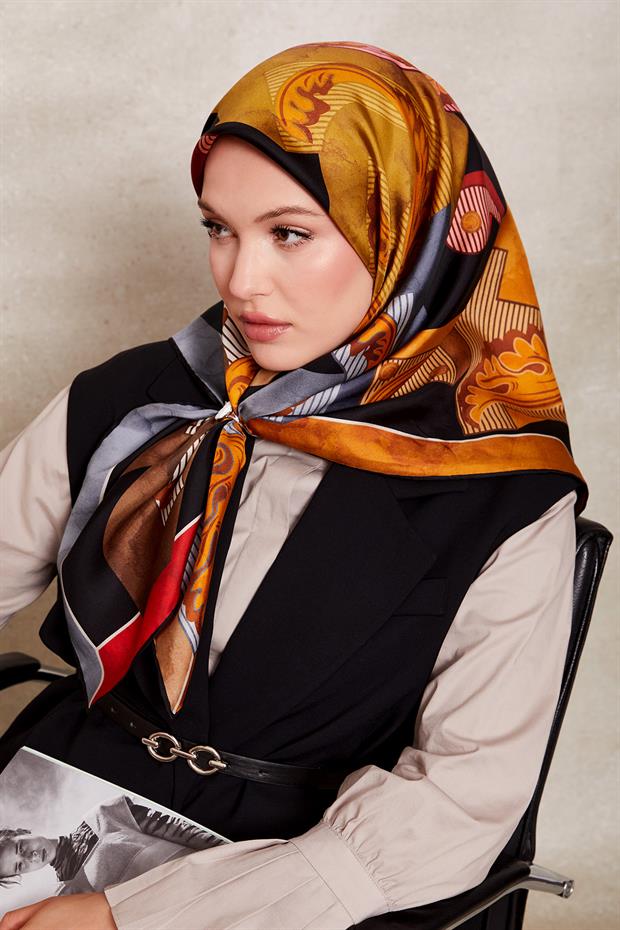 Sarı Karışık Desen Twill İpek Eşarp