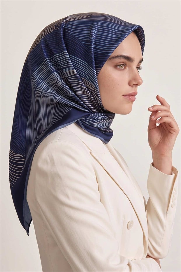 Sarmal Çizgili Twill İpek Eşarp Lacivert