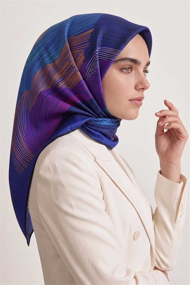 Sarmal Çizgili Twill İpek Eşarp Saks