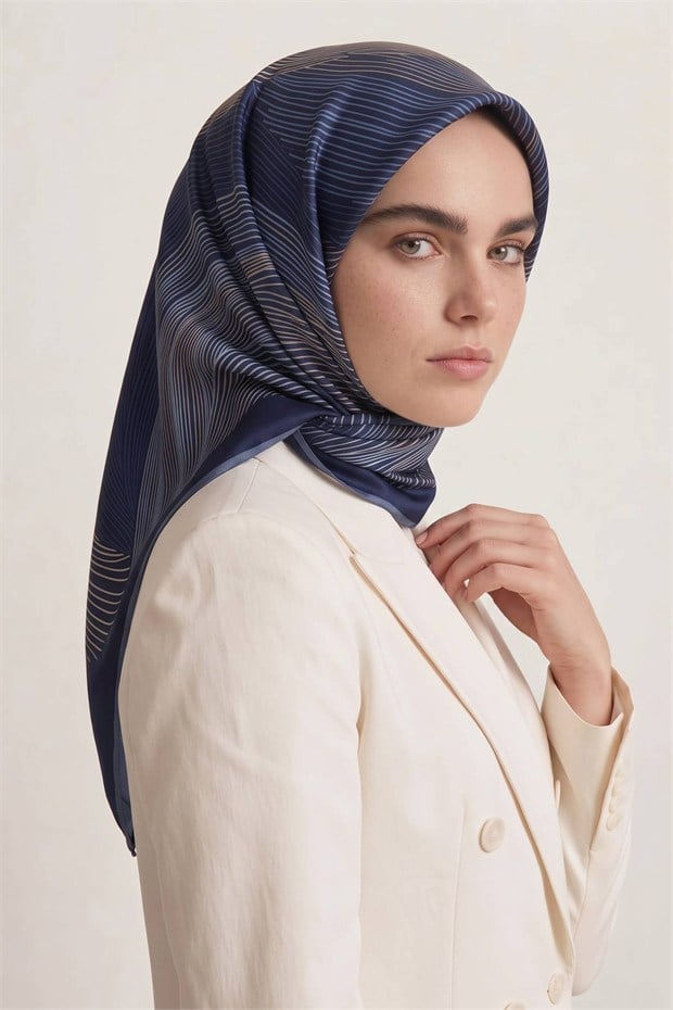 Sarmal Çizgili Twill İpek Eşarp Lacivert