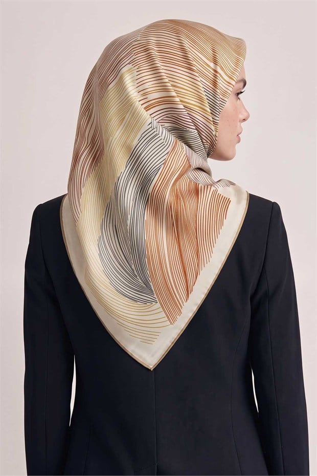 Sarmal Çizgili Twill İpek Eşarp Hardal