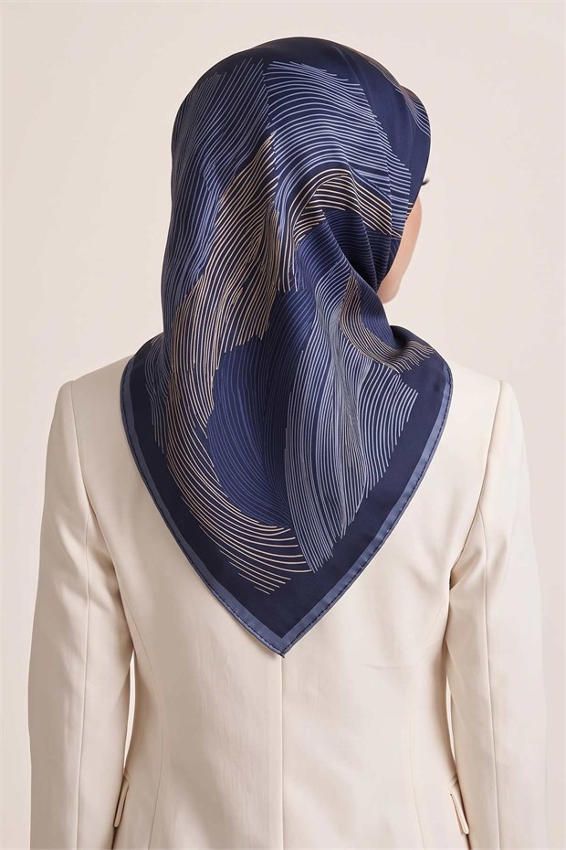 Sarmal Çizgili Twill İpek Eşarp Lacivert
