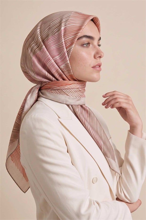 Sarmal Çizgili Twill İpek Eşarp Bej