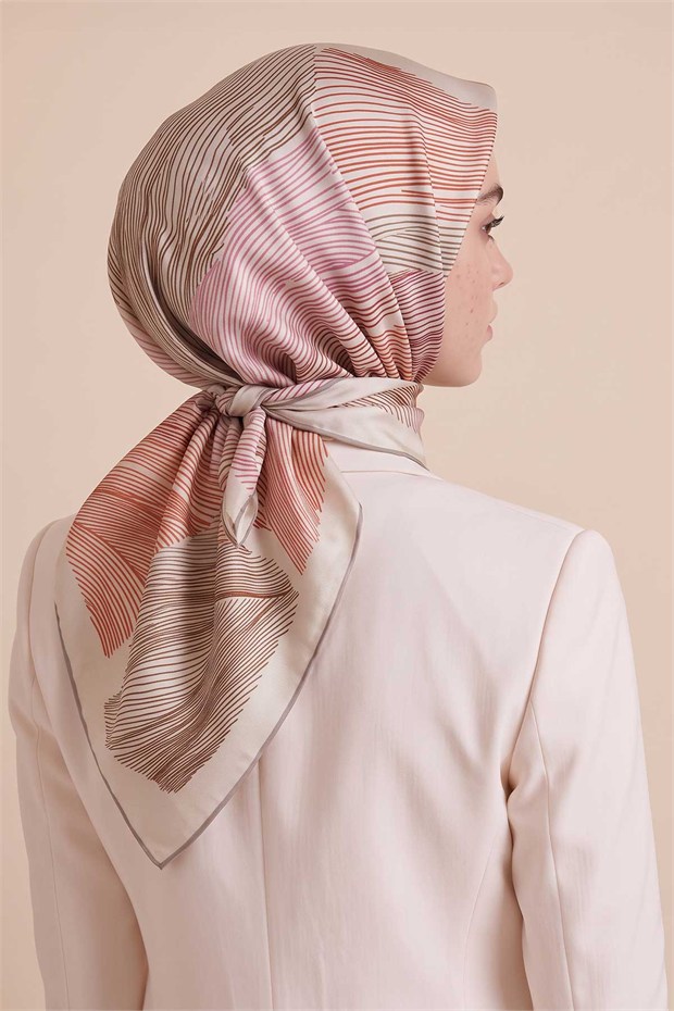 Sarmal Çizgili Twill İpek Eşarp Bej