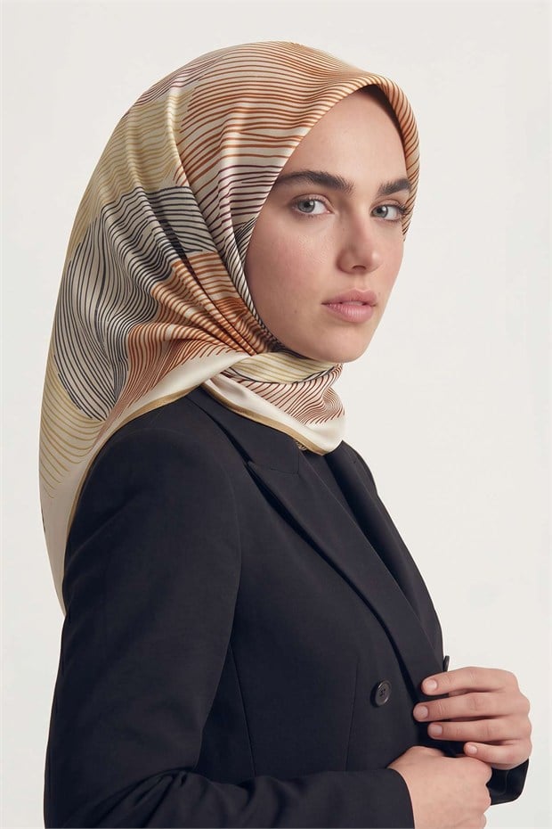 Sarmal Çizgili Twill İpek Eşarp Hardal