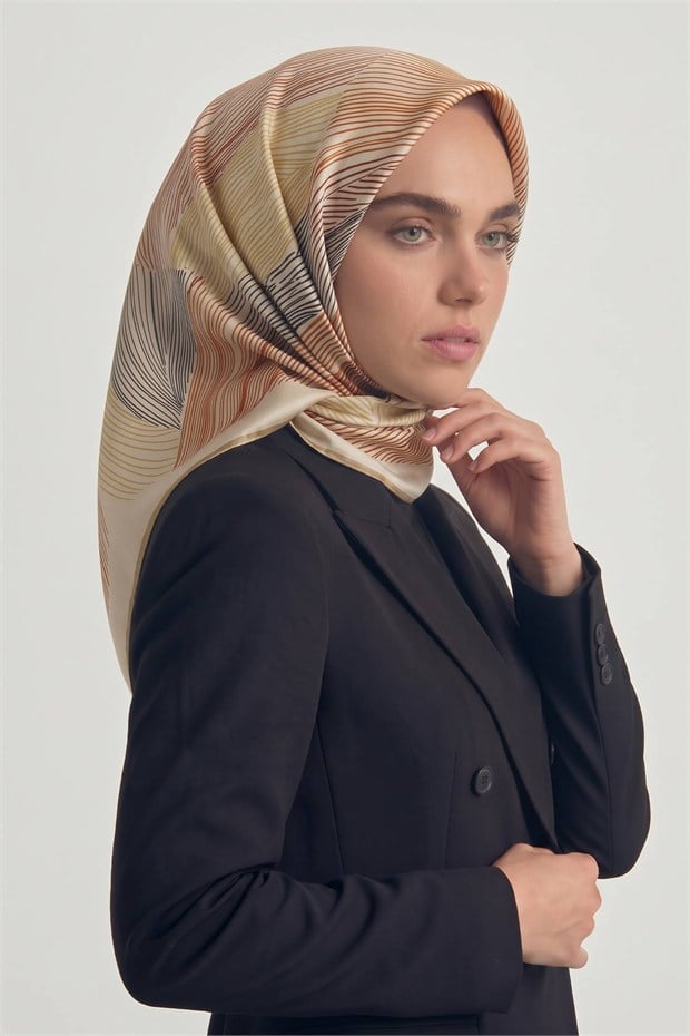 Sarmal Çizgili Twill İpek Eşarp Hardal