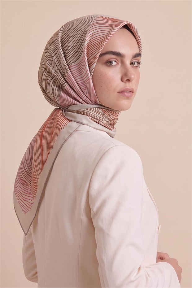 Sarmal Çizgili Twill İpek Eşarp Bej