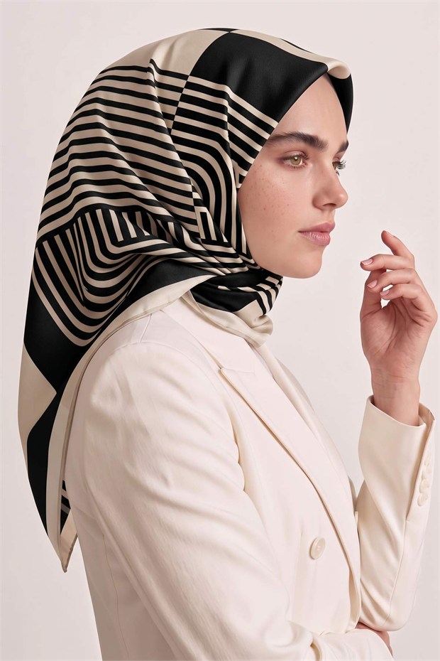 Şerit Çizgili Twill İpek Eşarp Vizon