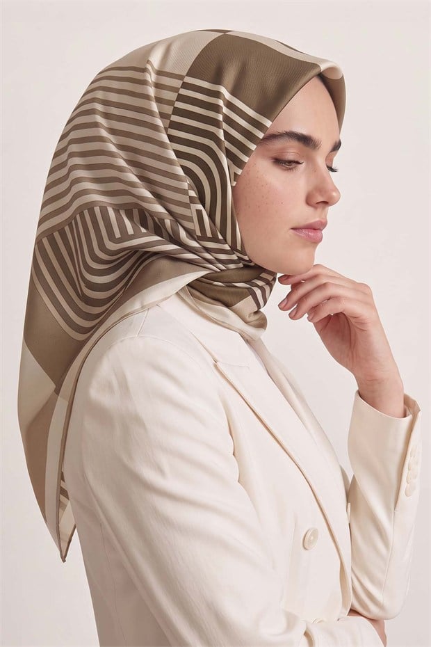 Şerit Çizgili Twill İpek Eşarp Sütlü Kahve