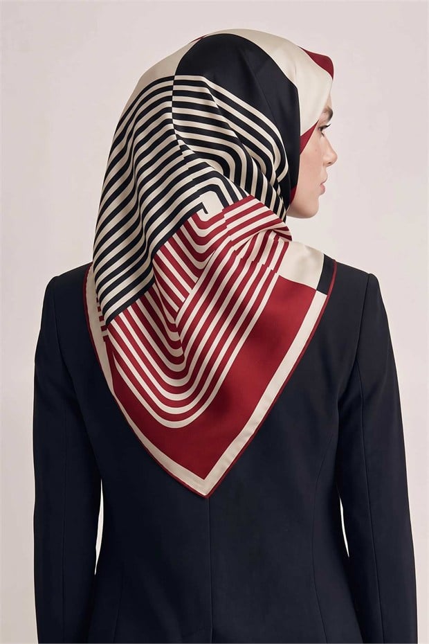 Şerit Çizgili Twill İpek Eşarp Siyah