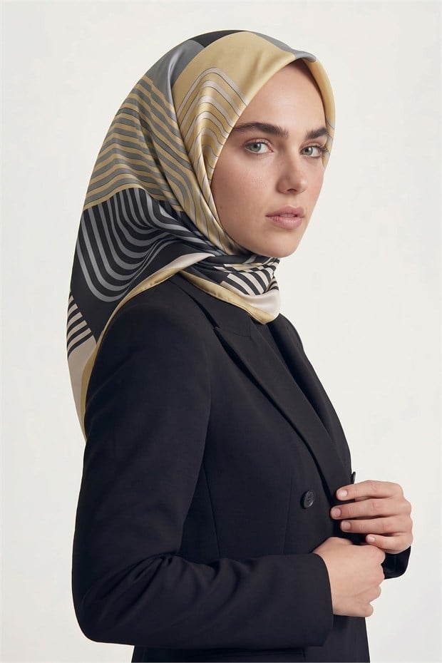 Şerit Çizgili Twill İpek Eşarp Antrasit