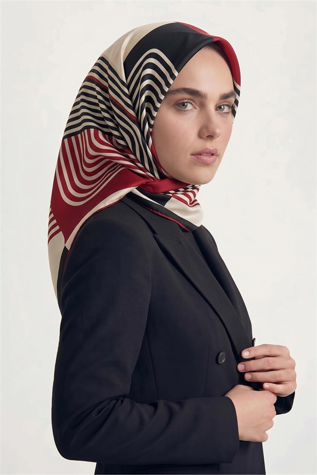 Şerit Çizgili Twill İpek Eşarp Siyah