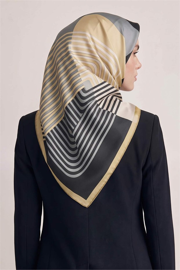 Şerit Çizgili Twill İpek Eşarp Antrasit
