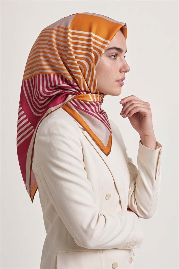 Şerit Çizgili Twill İpek Eşarp Kırmızı
