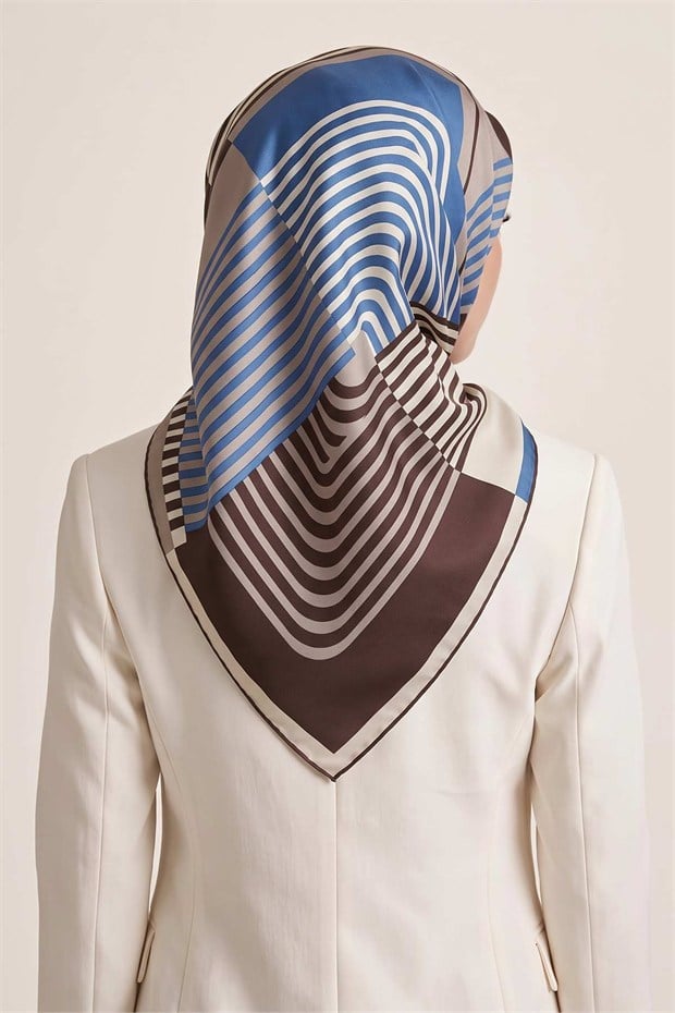 Şerit Çizgili Twill İpek Eşarp Acı Kahve