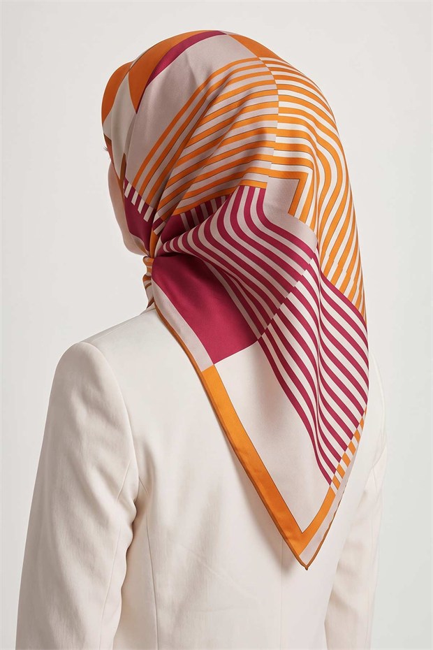 Şerit Çizgili Twill İpek Eşarp Kırmızı
