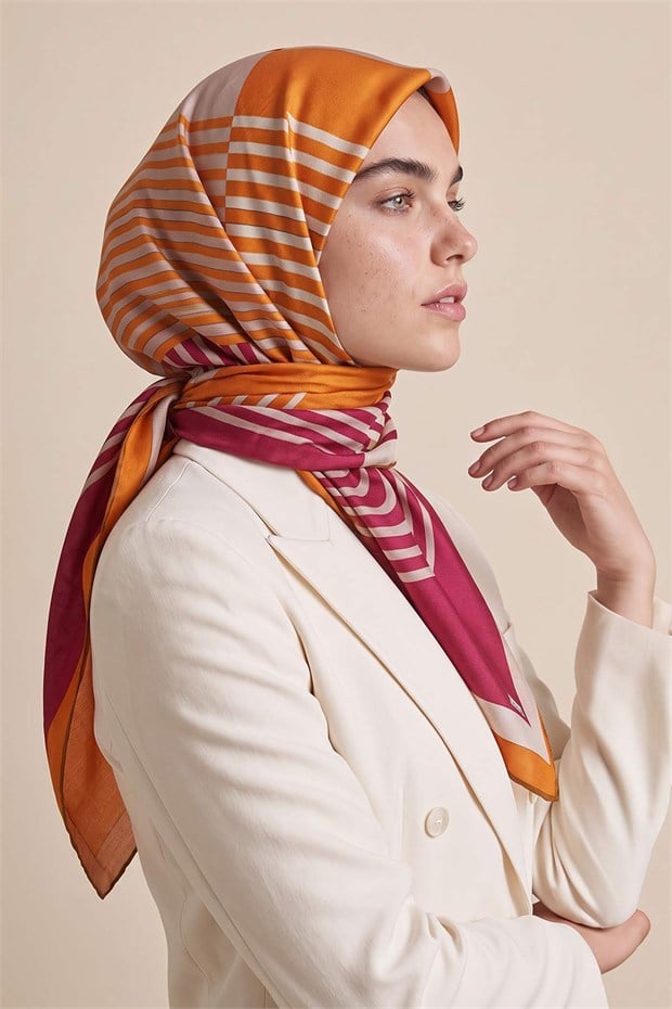 Şerit Çizgili Twill İpek Eşarp Kırmızı