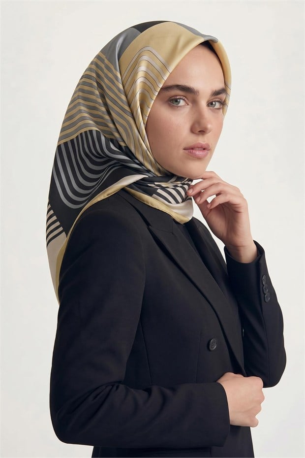 Şerit Çizgili Twill İpek Eşarp Antrasit