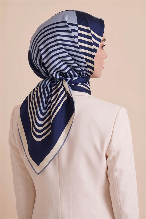 Şerit Çizgili Twill İpek Eşarp Lacivert