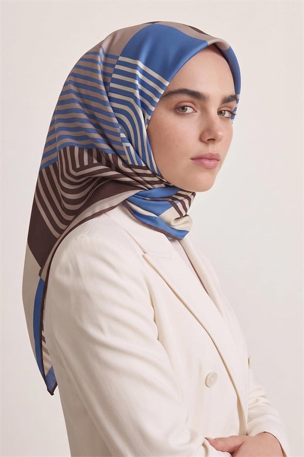 Şerit Çizgili Twill İpek Eşarp Acı Kahve