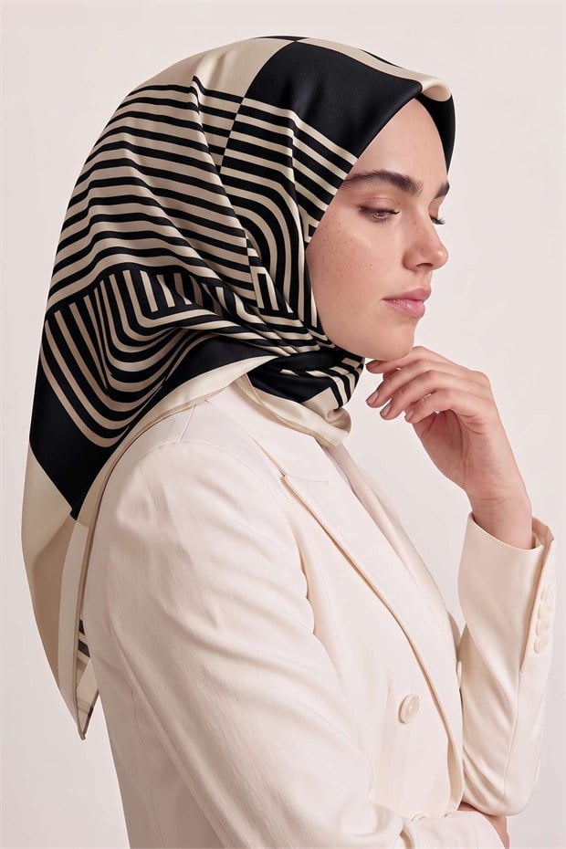 Şerit Çizgili Twill İpek Eşarp Vizon