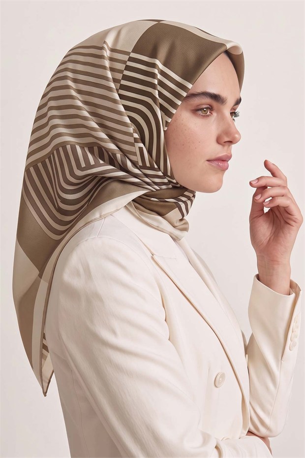 Şerit Çizgili Twill İpek Eşarp Sütlü Kahve