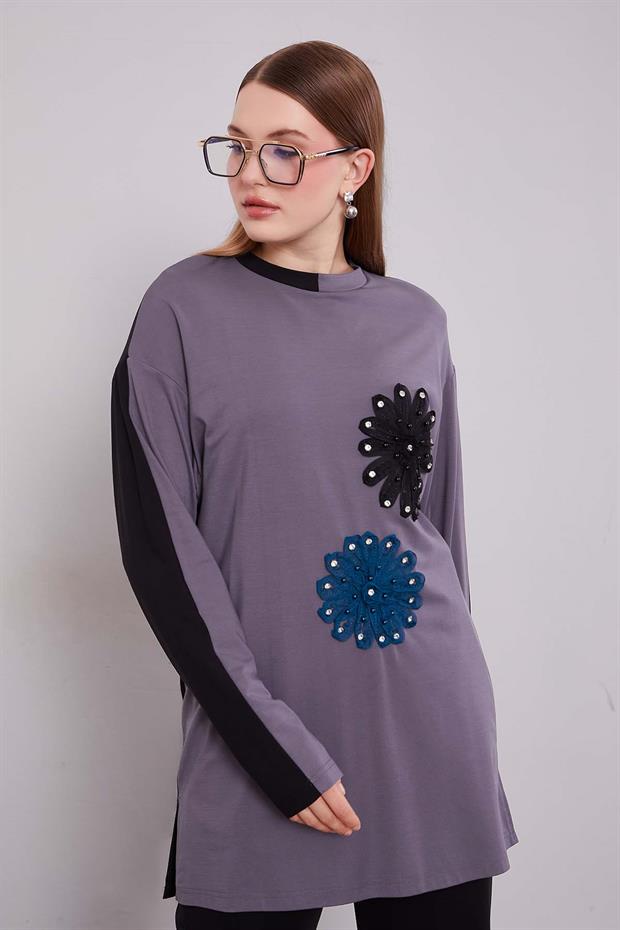 Siyah - Antrasit Çift Çiçek Motifli İkili Takım