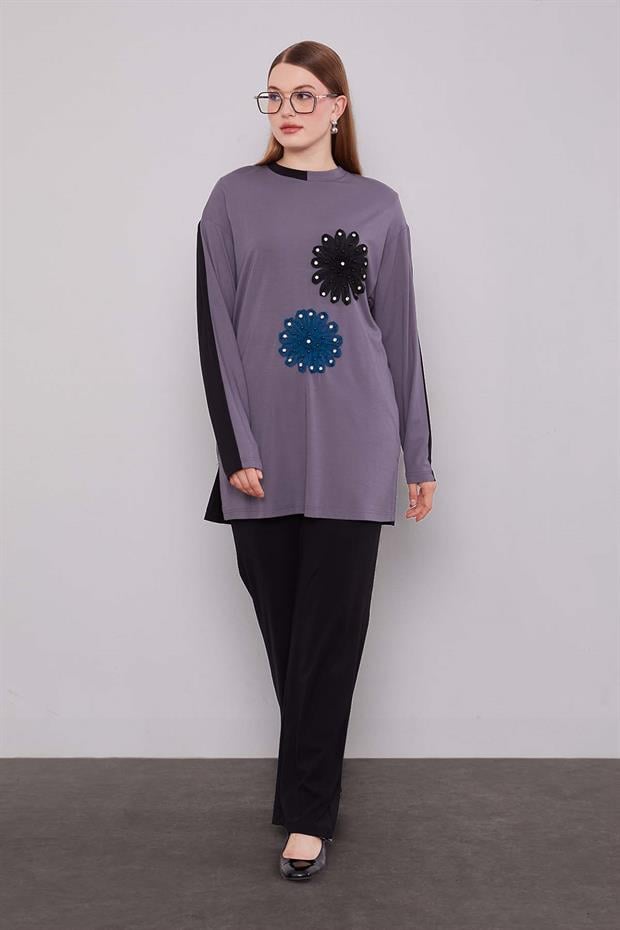 Siyah - Antrasit Çift Çiçek Motifli İkili Takım