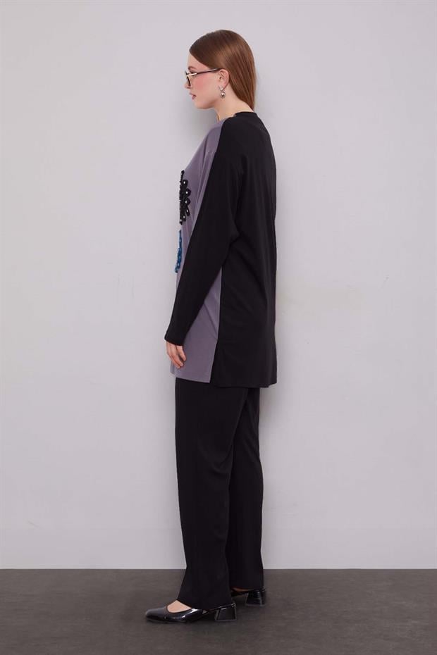 Siyah - Antrasit Çift Çiçek Motifli İkili Takım