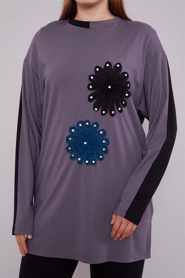 Siyah - Antrasit Çift Çiçek Motifli İkili Takım