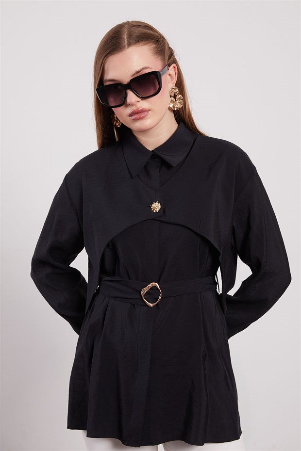 Siyah Asimetrik Katmanlı Gömlek